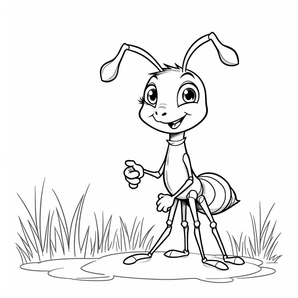 Please generate black and white kids coloring page with ant in cartoon style  coloring pages