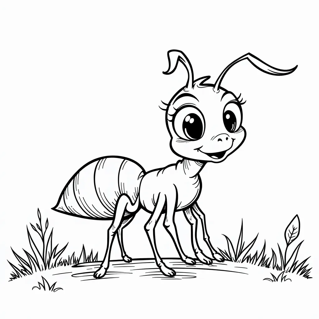 Please generate black and white kids coloring page with ant in cartoon style  coloring pages