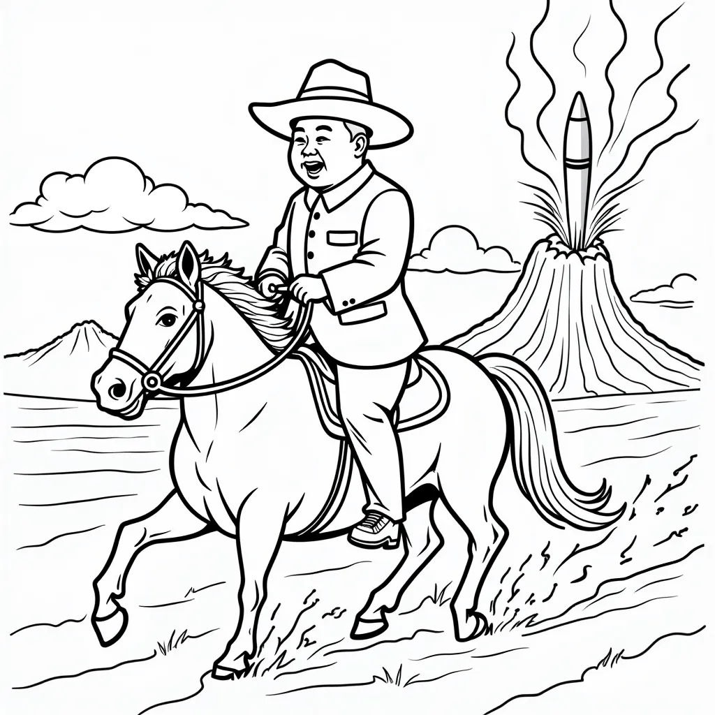 kim jung un waving a cowboy hat while riding an icbm out of an exploding volcano صفحات التلوين