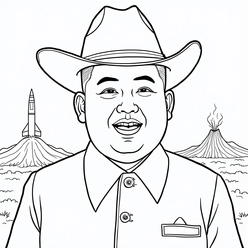 kim jung un waving a cowboy hat while riding an icbm out of an exploding volcano صفحات التلوين