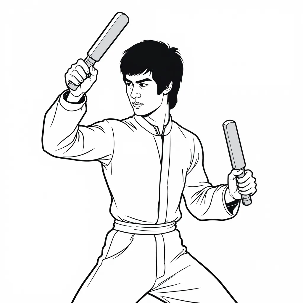 Bruce Lee holds nunchakus صفحات التلوين