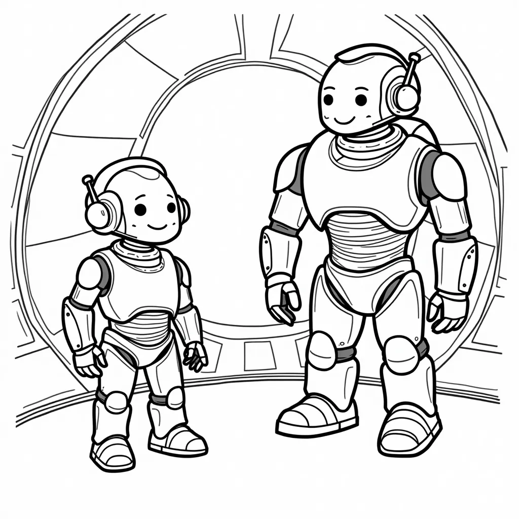 Create a scene where robots and humans are working together on a spaceship صفحات التلوين