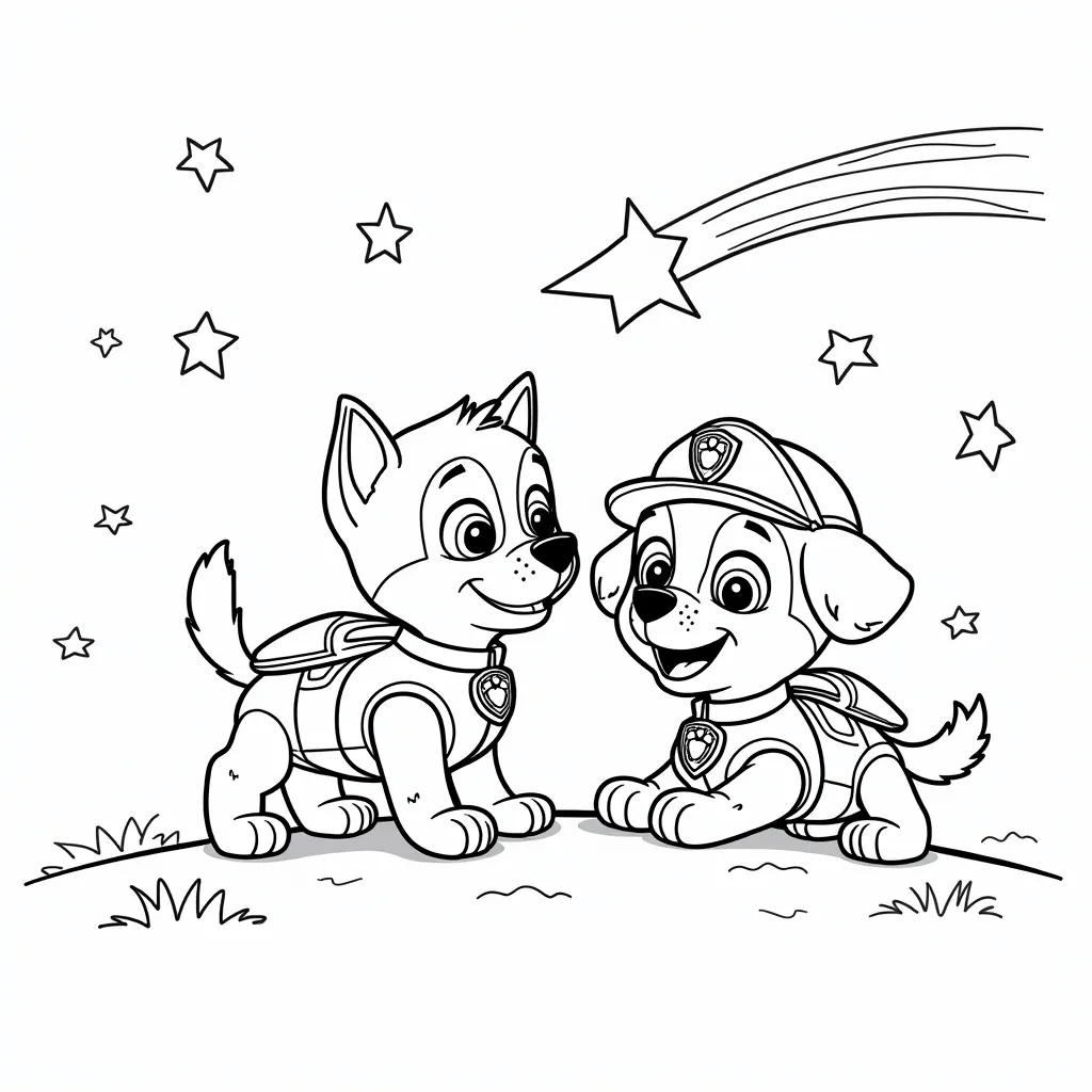 The paw patrol pups in space with a shooting star in background  coloring pages