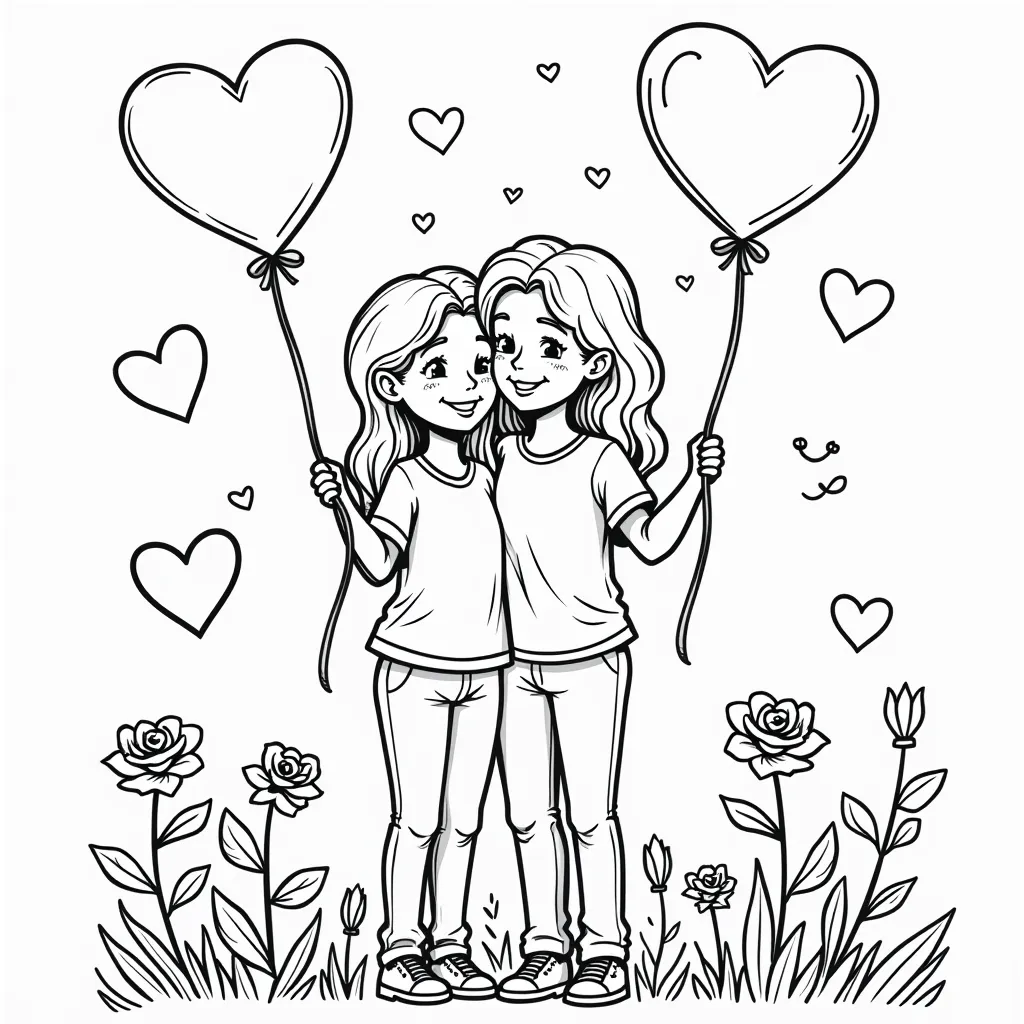 older women and her wife hugging holding heart baloons  coloring pages