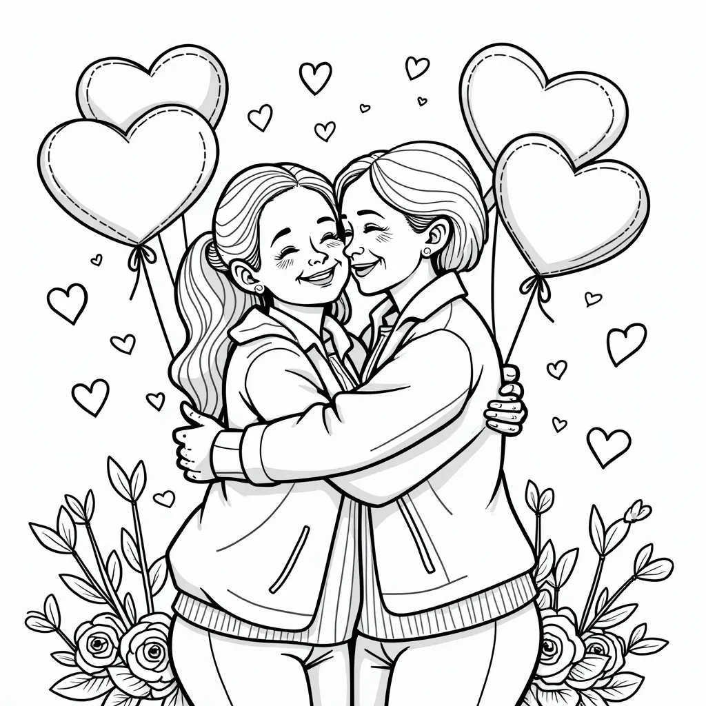 older african american women and her wife hugging holding heart baloons  coloring pages