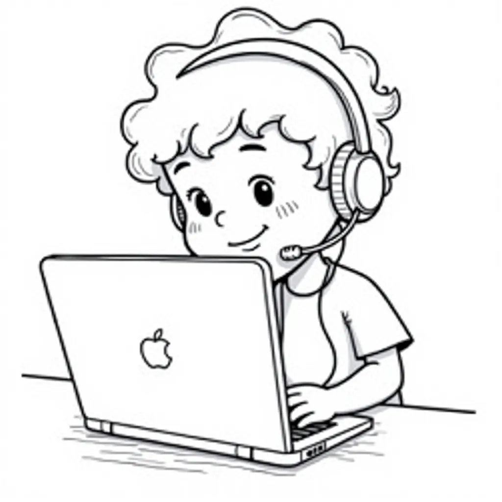 Boy coding laptop headphones on coloring pages