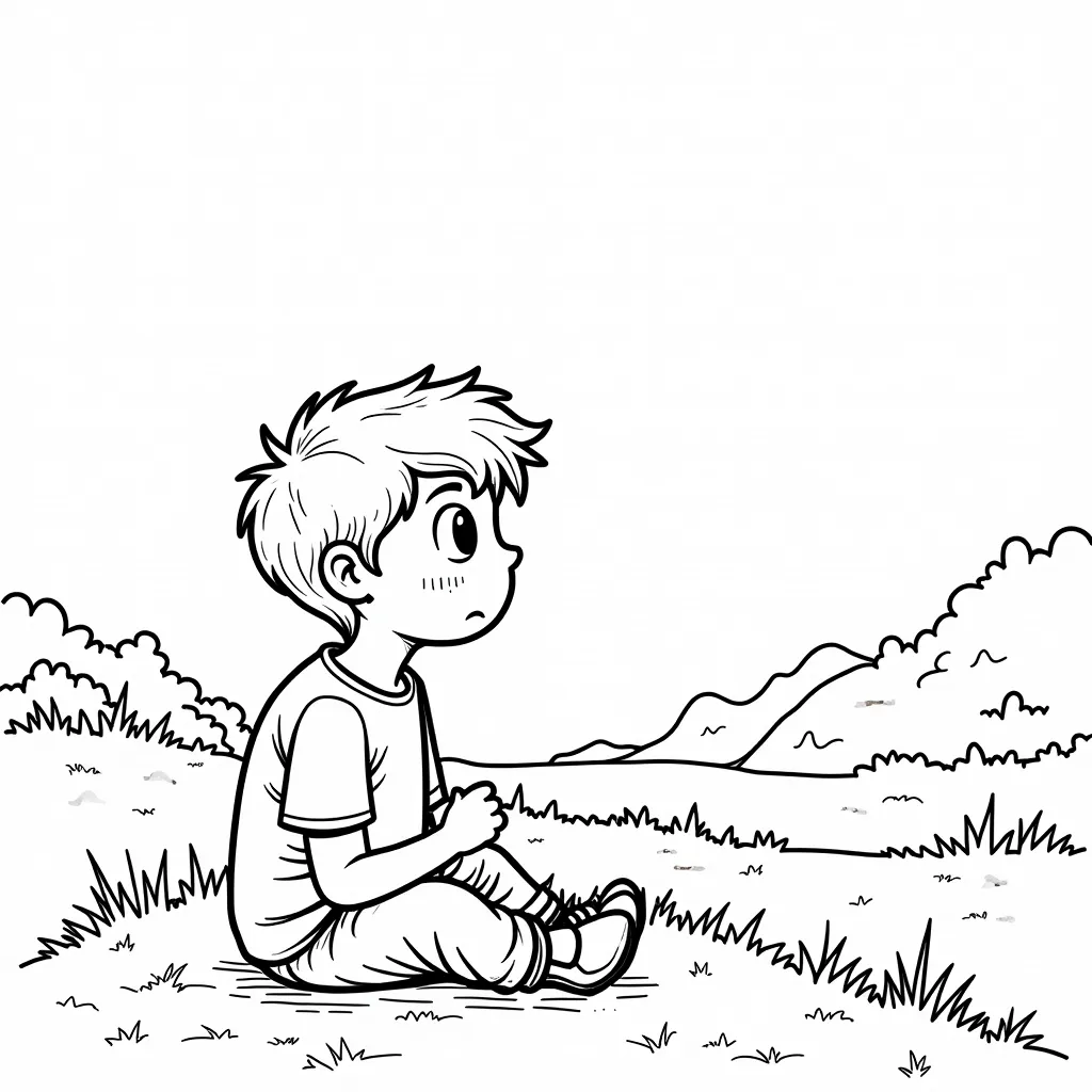 Boy sitting in nature and coding coloring pages