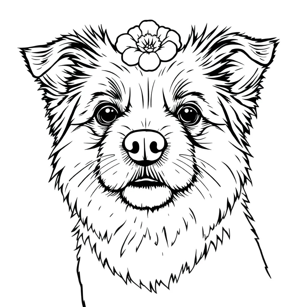 and adult coloring page, bust shot of a fluffy dog with clear section lines, flower crow