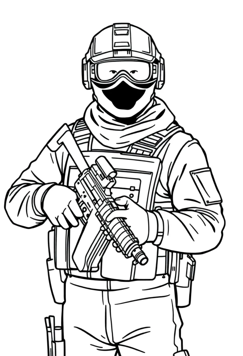 A fully equipped SWAT officer, height 1.8m, masked, proportionate, not holding a gun.