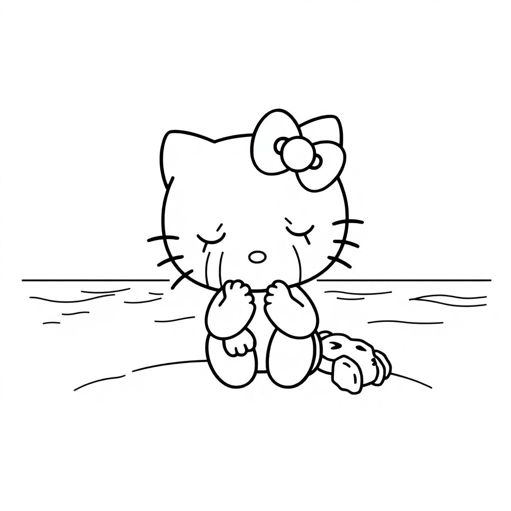 Hello Kitty, cry and sit on the beach