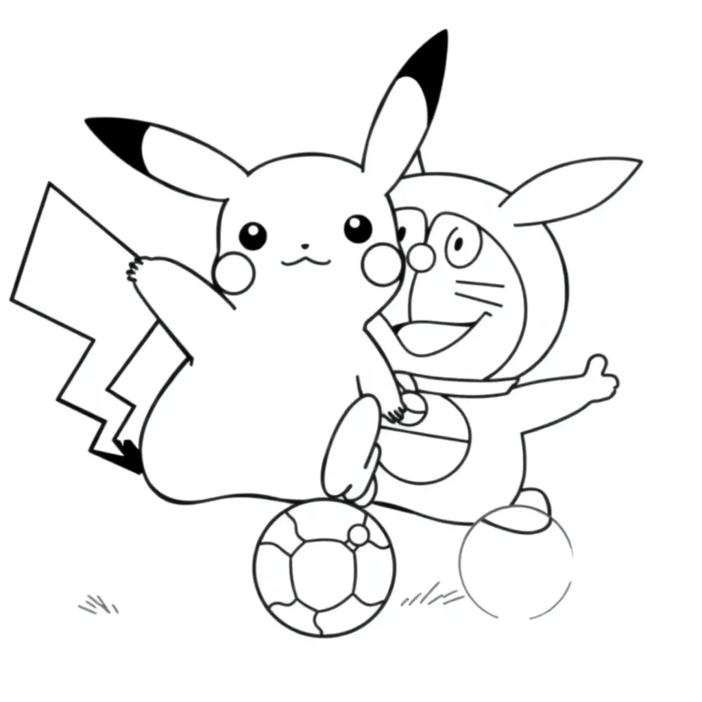 Pikachu and Doraemon one kick football