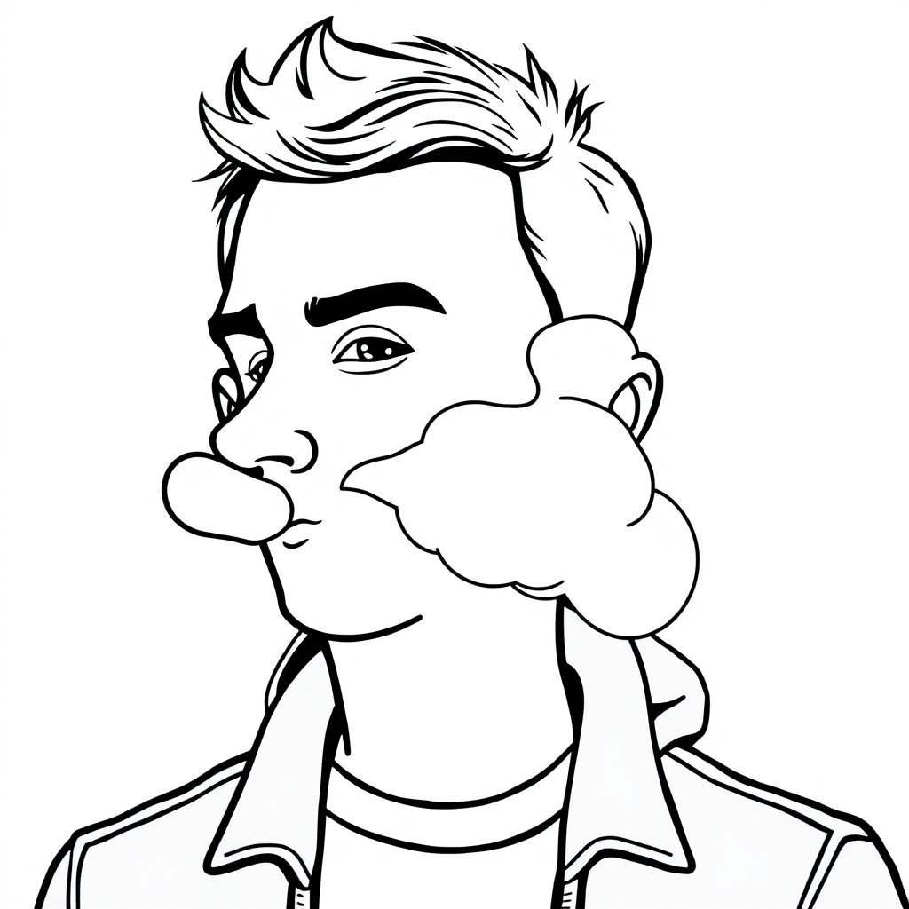 A person accompanied by a puff of gas exhaled from their nose