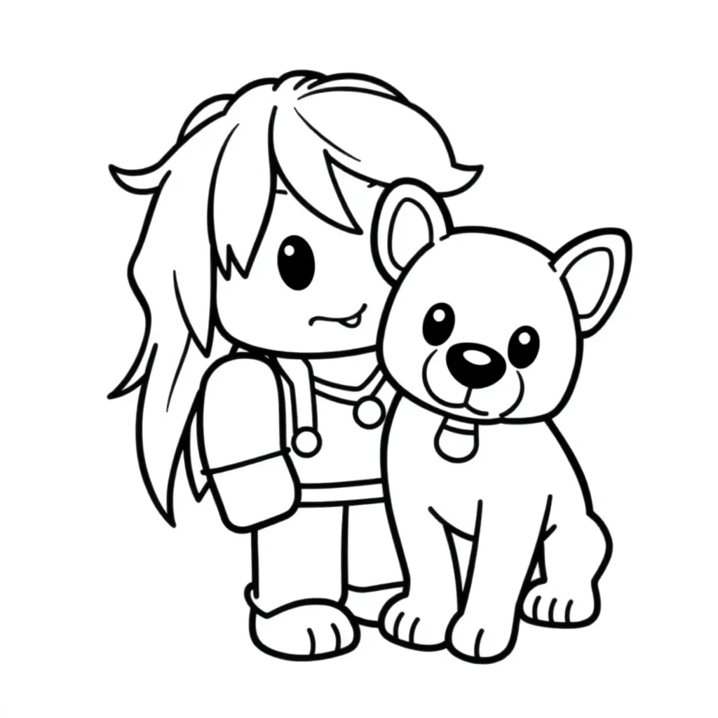 Roblox avatar with dog, coloring page, simple outline