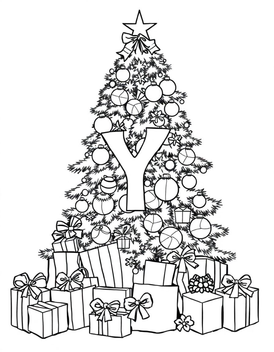 Christmas tree many gifts surround or blend with letter Y letter Y bigger