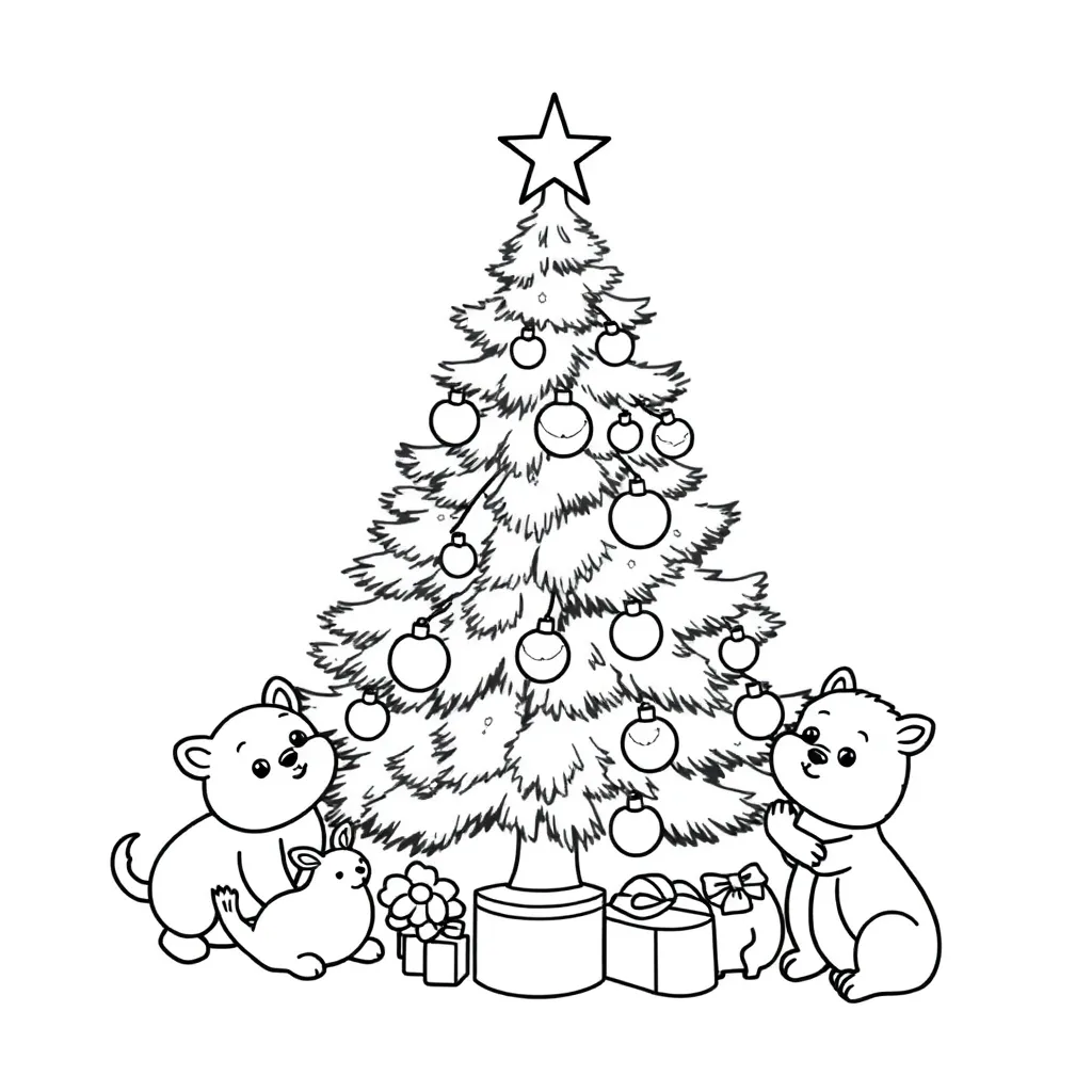 Small Christmas tree with cute animals around, line art, thick outlines, and , clear imag