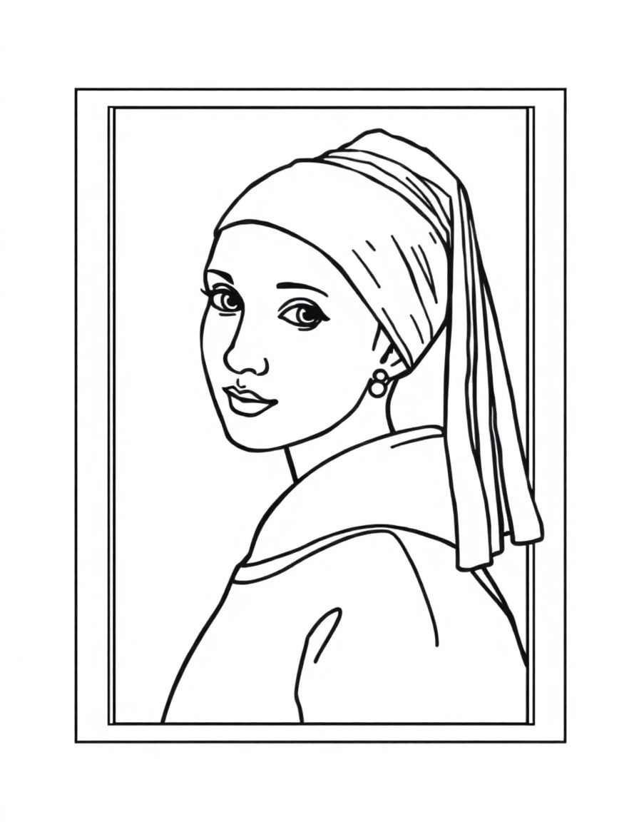 Girl with a Pearl Earring by Vermee,in a frame,simple lines,fully enclosed shapes,coloring book