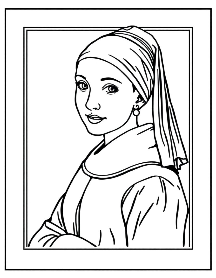Girl with a Pearl Earring,coloring book,in a frame, clean and line,all lines connected
