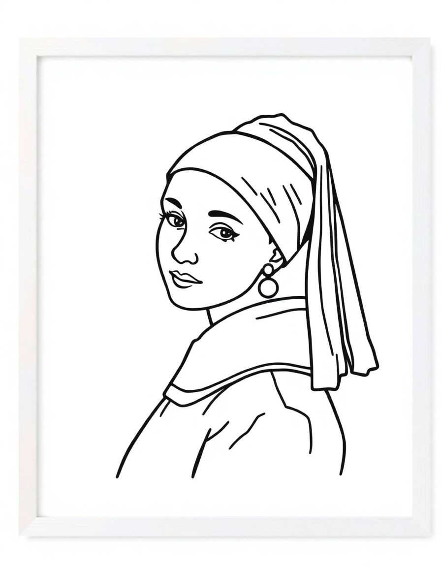 Girl with a Pearl Earring,coloring book,in a frame, simple lines,fully enclosed shapes