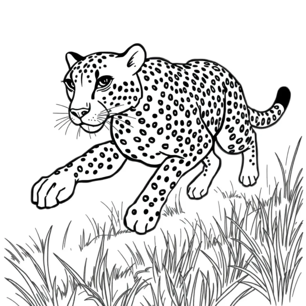In the vast savannah, a sleek cheetah runs swiftly. Its spotted coat glistens in the sunlight as it