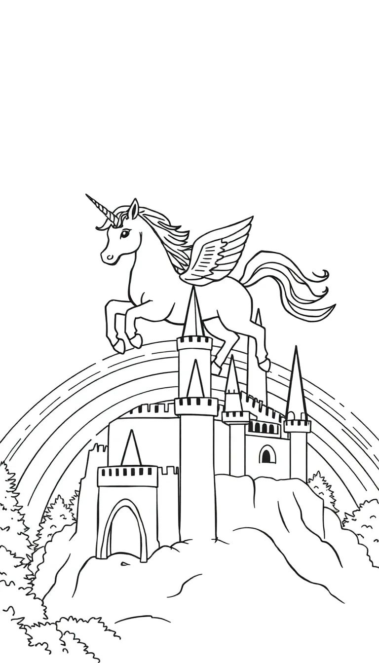 Magical unicorn flying over a rainbow castle, coloring page