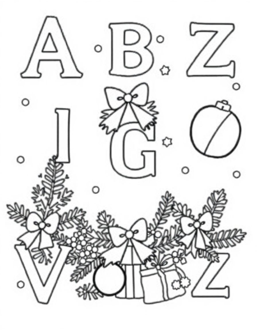 A Z alphabet coloring pages with Christmas decorations