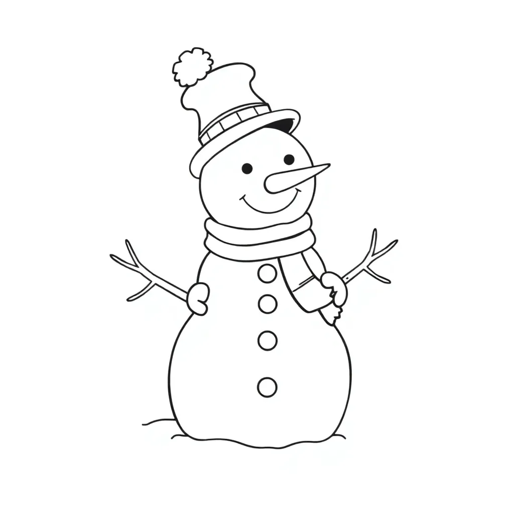 Children building snowman, line art, thick lines, simple shapes, background, coloring bo