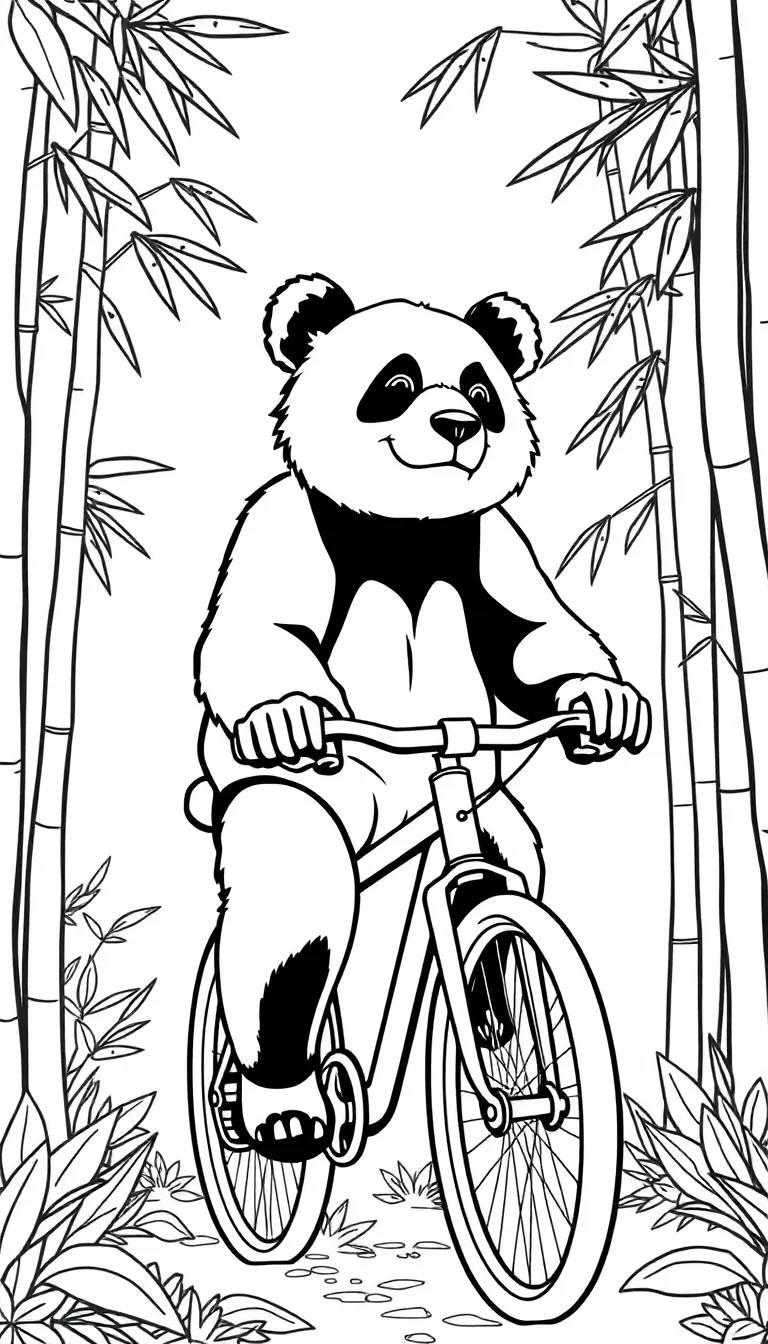 Panda riding a bicycle through a bamboo forest