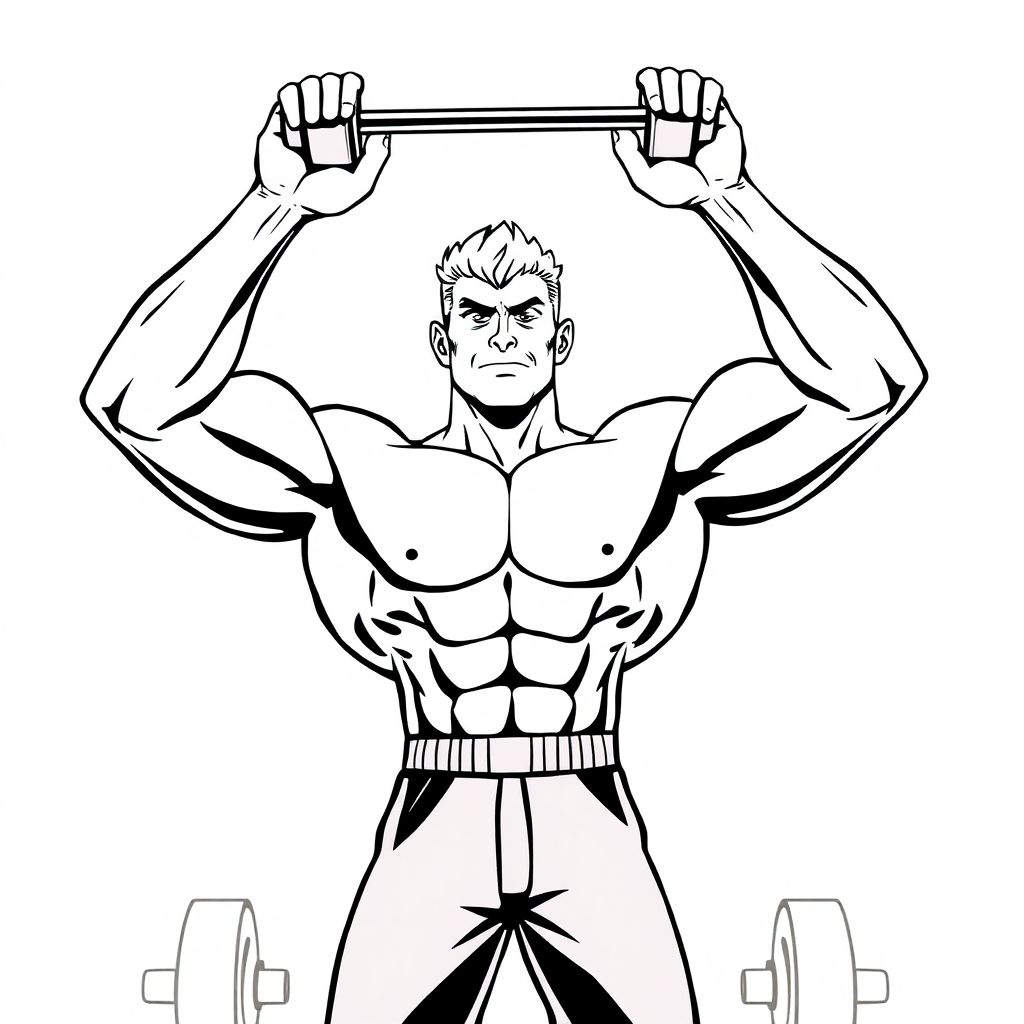 Blond male cartoon bodybuilder lifts dumbbell in a gym setting above his head with both hands