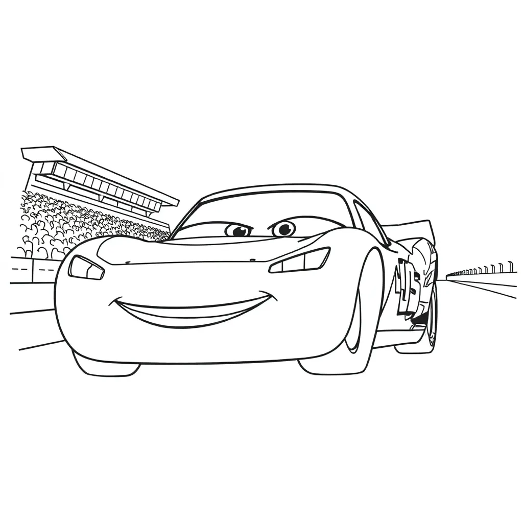 Lightning McQueen arriving at the big race track, outline coloring page.