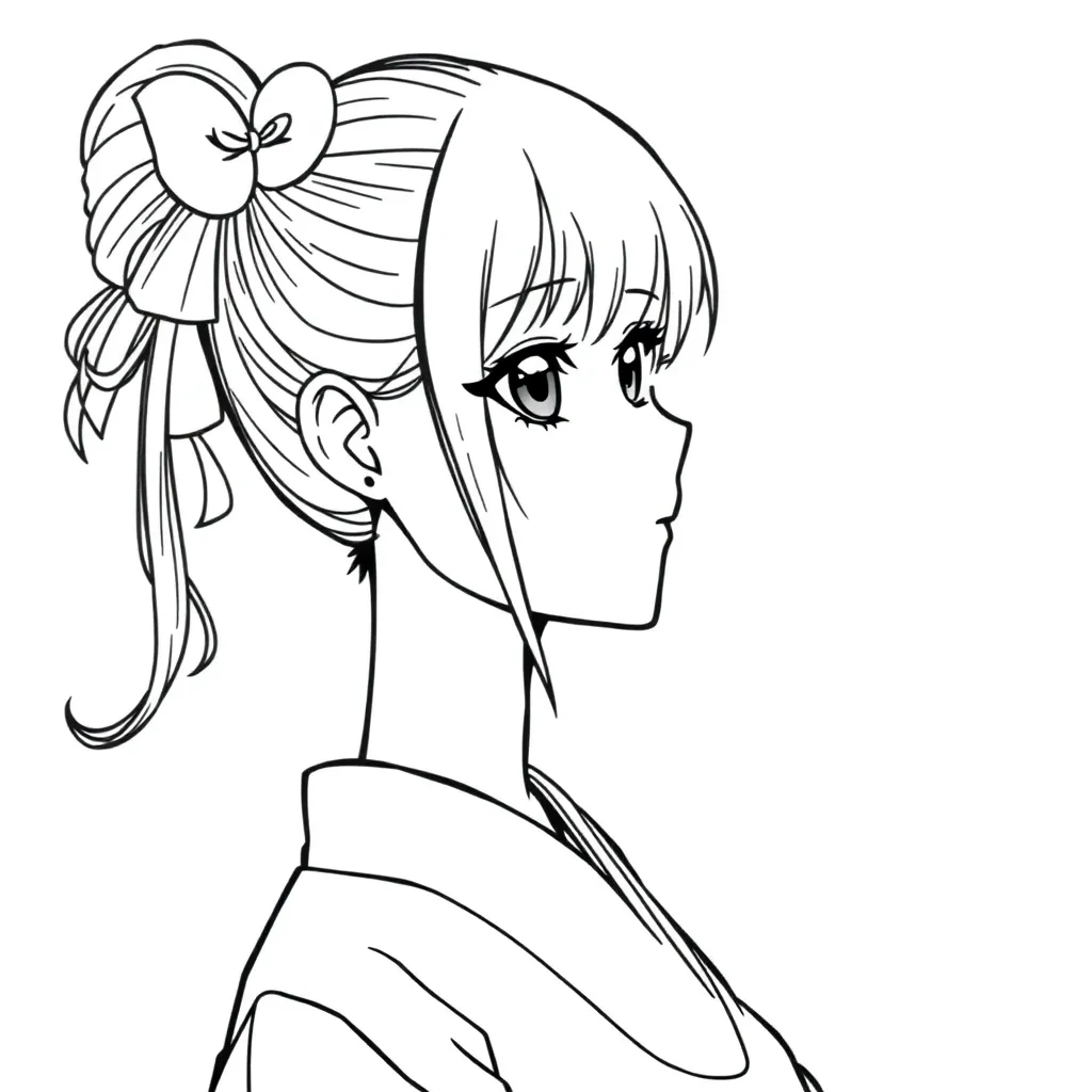 Draw a Japanese anime girl line drawing.