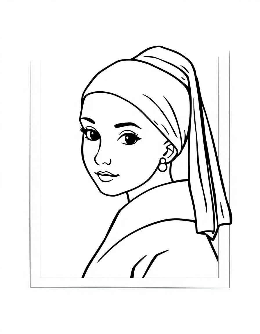 Girl with a Pearl Earring by Vermeer,cartoon,in a frame, simple lines,fully enclosed shapes