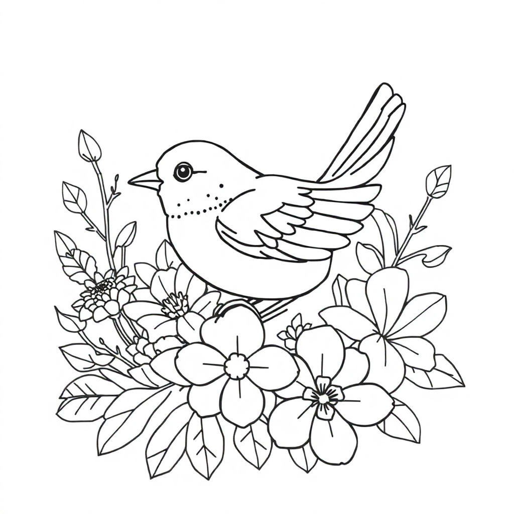 Bird and flowers combined, lines outline nature, but a bit thicker, the pattern is simple and clear.