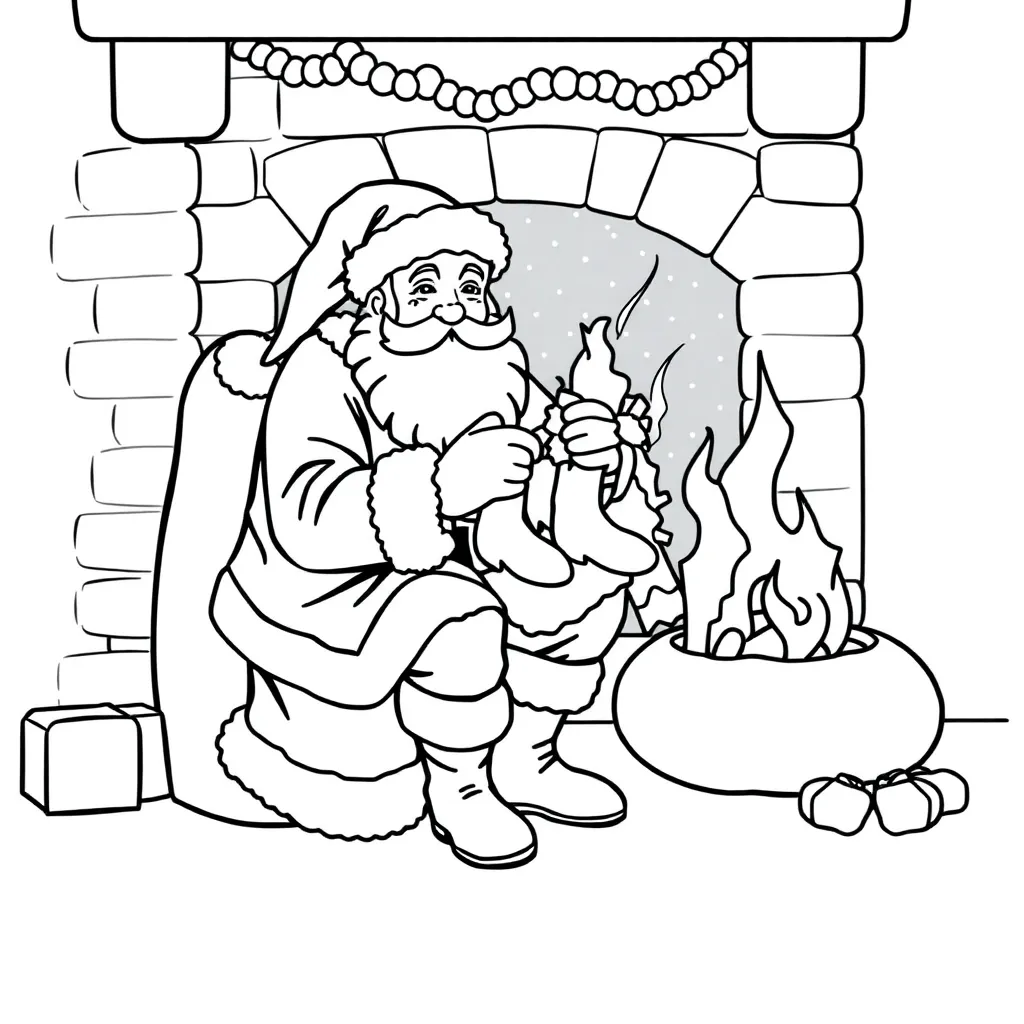 Santa sitting by fireplace, holding boots, suit, line art, thick lines, simple shapes,