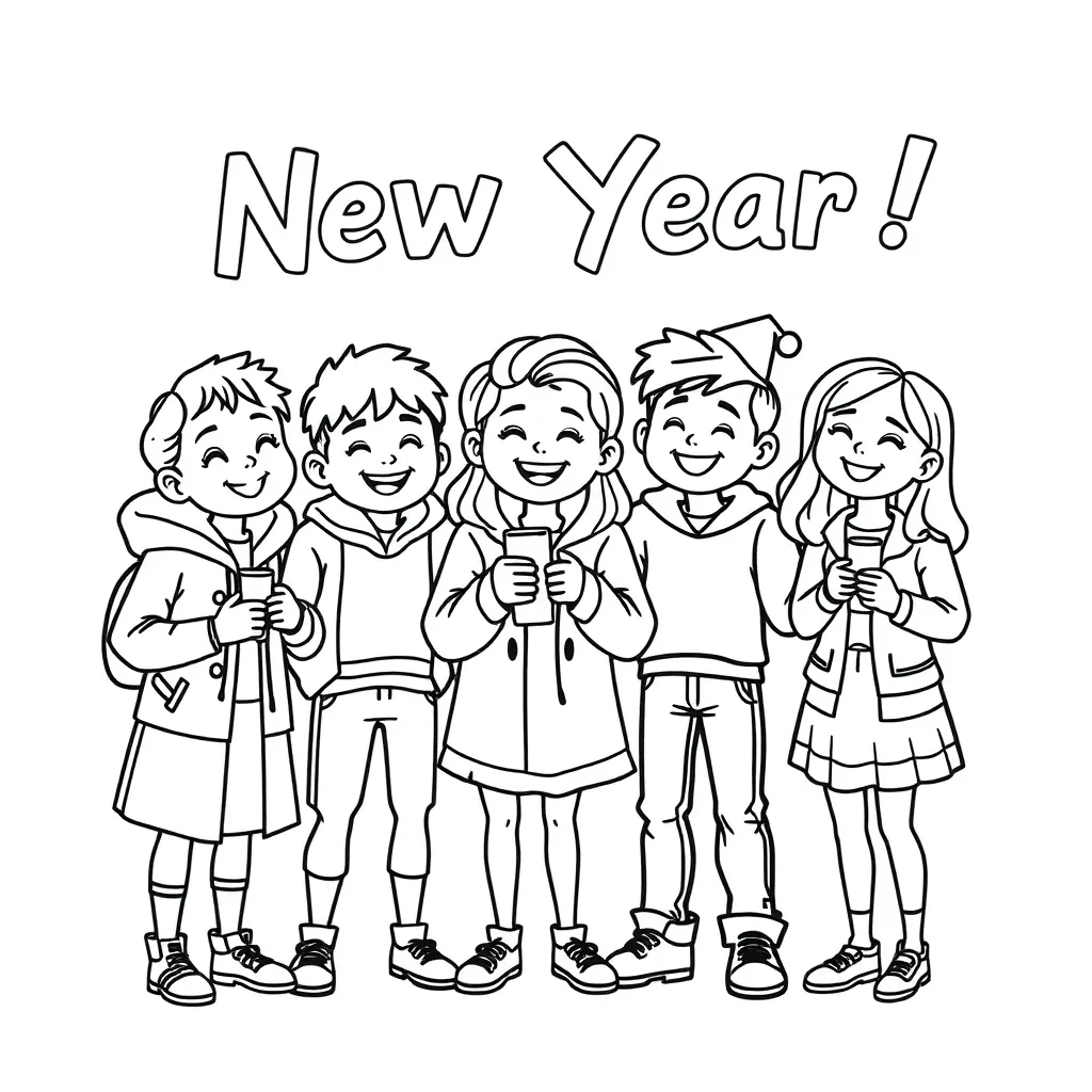 Several young friends are celebrating the New Year picture artistic cartoon characters.