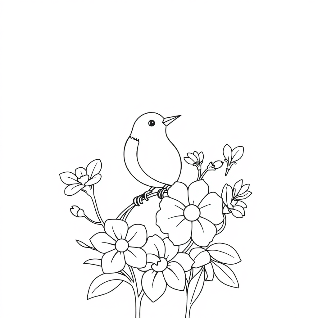 Bird flowers, bird lively, flowers, lines natural bit, pattern simple.