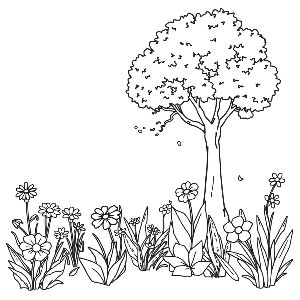 draw a picture about garden with some different flowers and trees