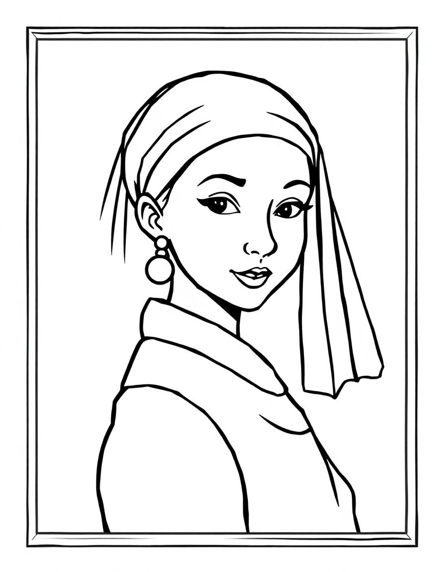 Girl with a Pearl Earring,cartoon,coloring book,in a frame, simple lines,fully enclosed shapes