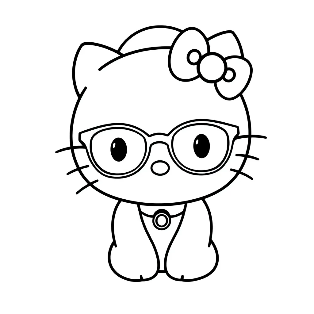 Hello Kitty, is wearing a hat and glasses
