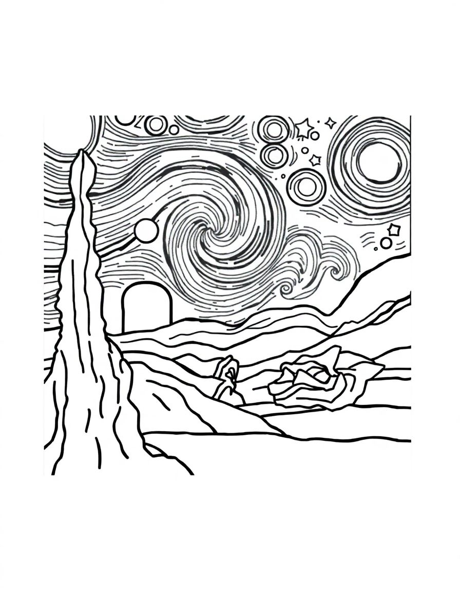 Starry Night by van Gogh,in a frame, simple lines,fully enclosed shapes,kids coloring page