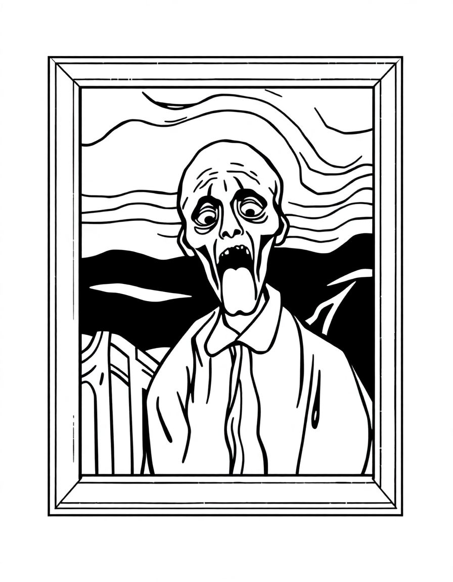 The Scream,in a frame,simple lines,coloring book,fully enclosed shapes