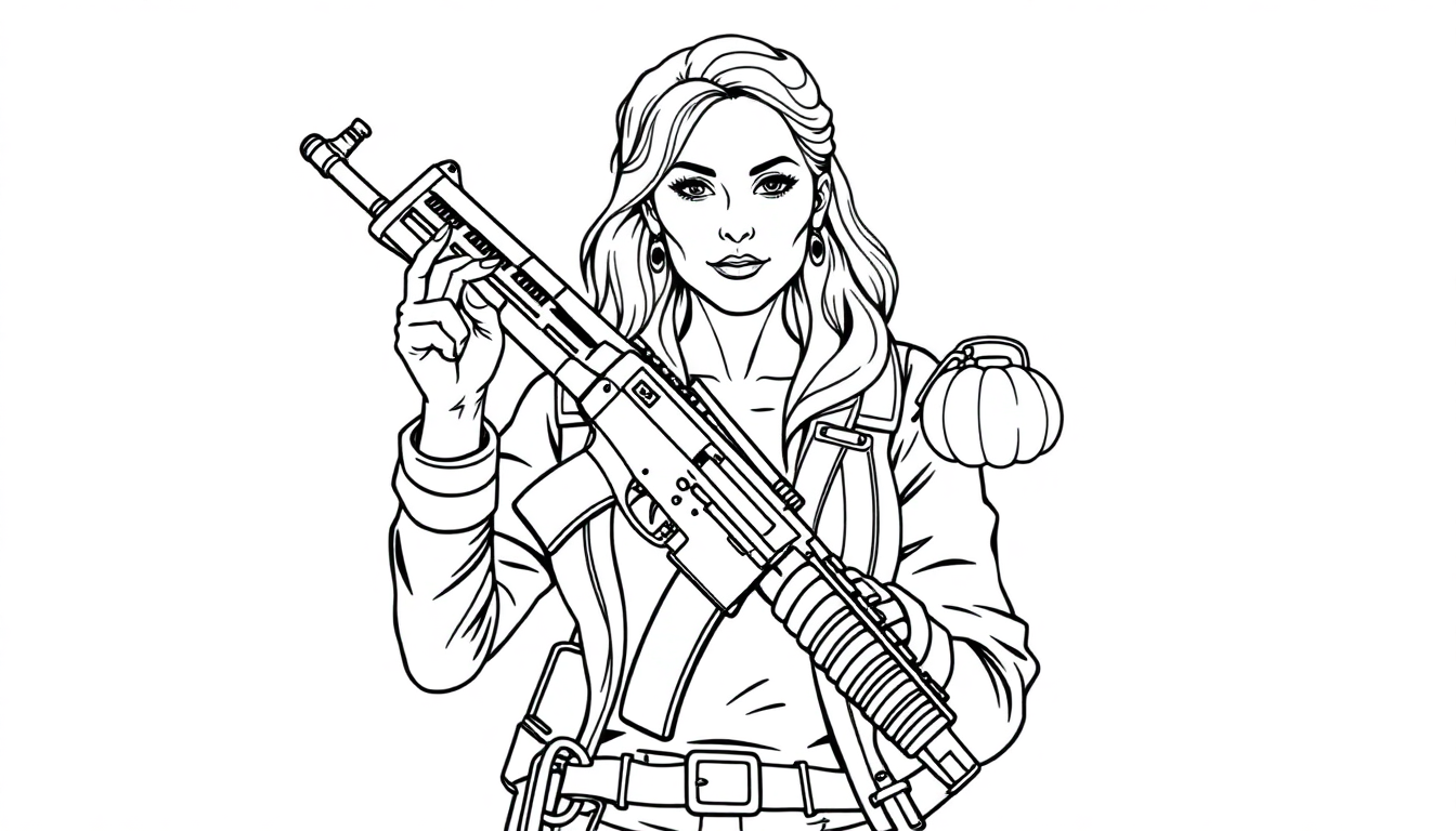 A mature woman holds ak47 in left hand, grenade in right hand.