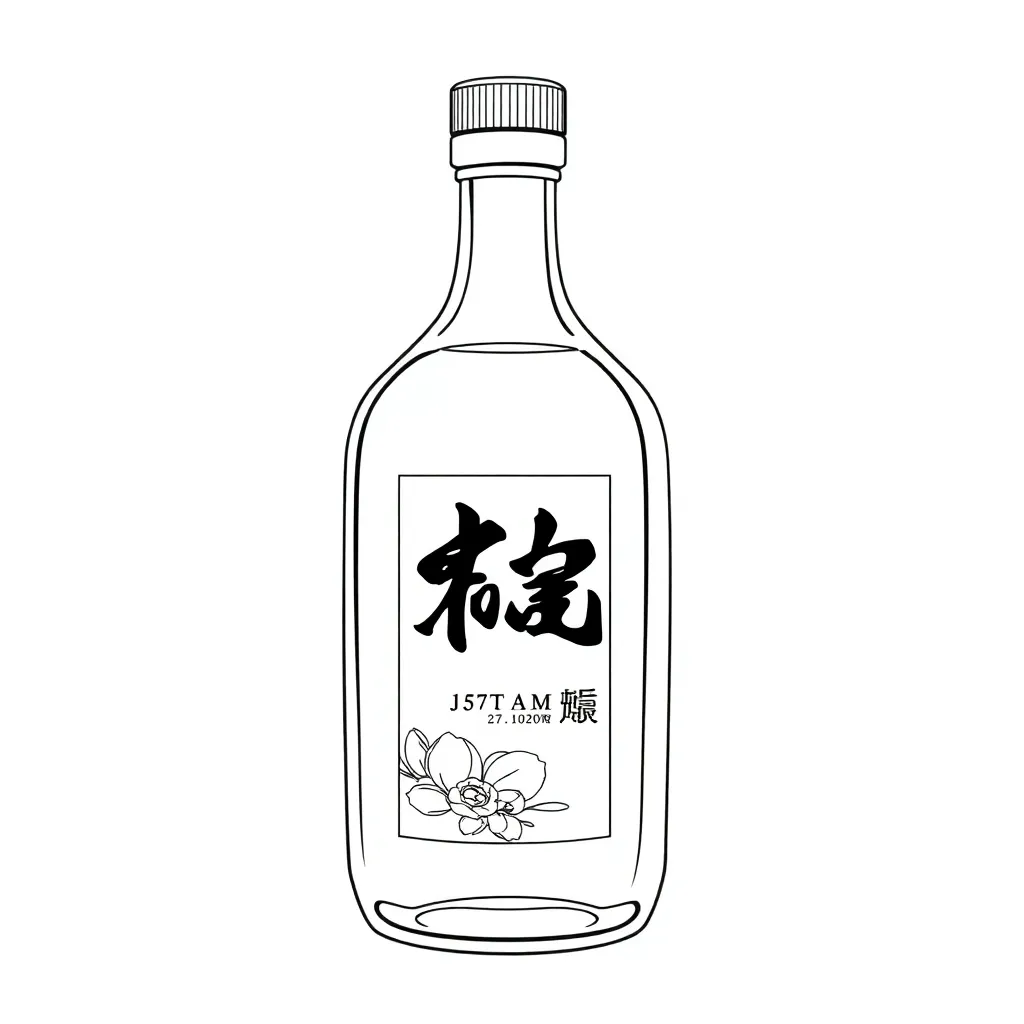 Technical line art illustration of a Chinese Jingjiu liquor bottle, transparent glass bottle with am
