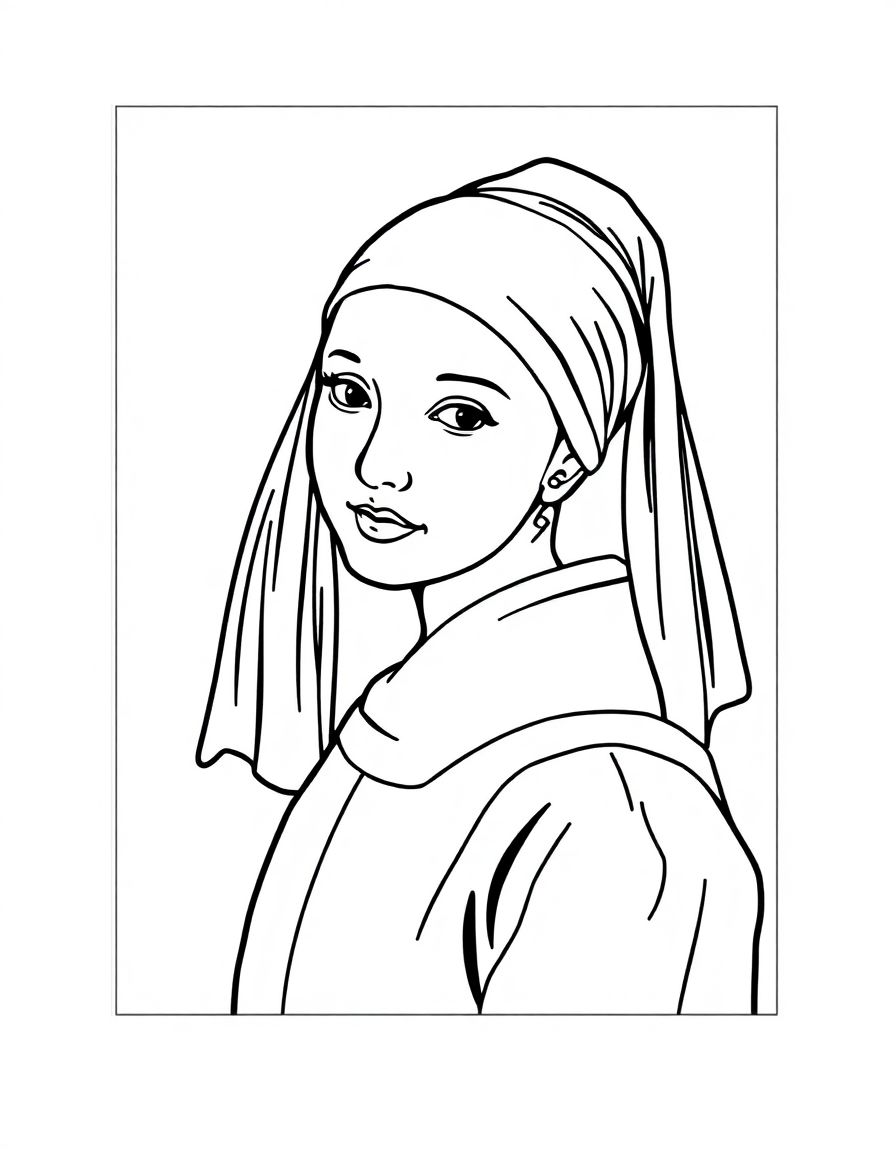Girl with a Pearl Earring by Vermeer,in a frame, simple lines,fully enclosed shapes
