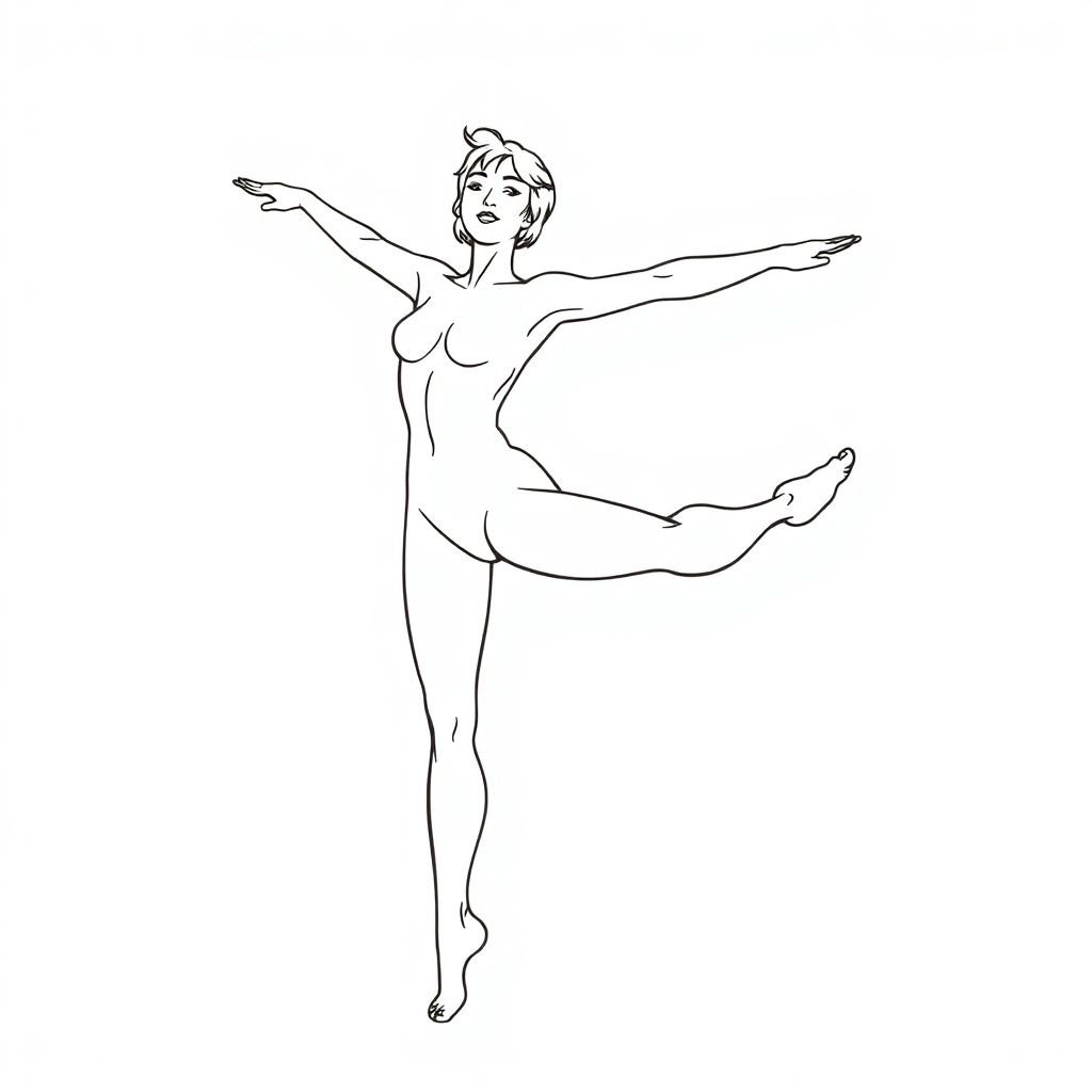 Female vertical split dance posture, single leg upright, single leg upward straight split, naked