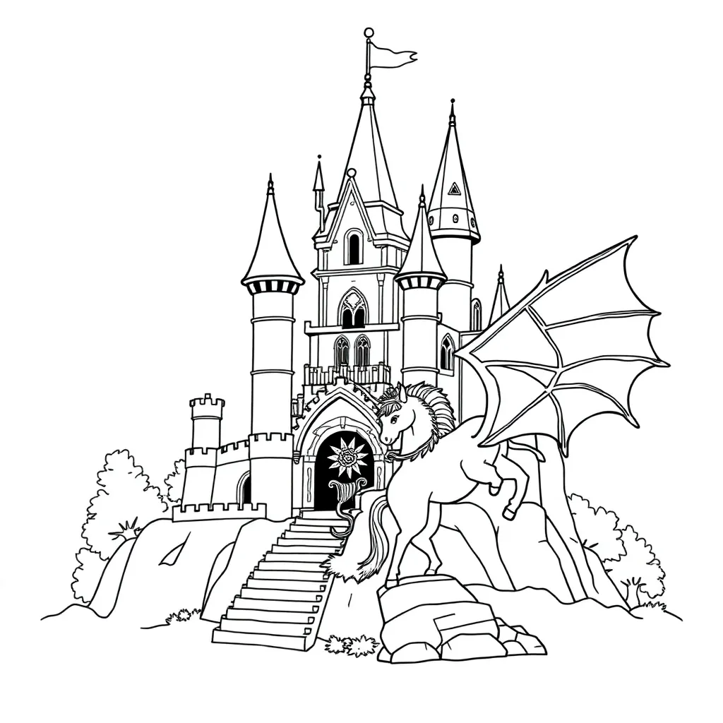Fantasy castle with unicorn and dragon