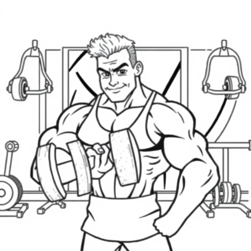 Blond male cartoon bodybuilder lifts dumbbell in a gym with mirror and workout equipment behind him