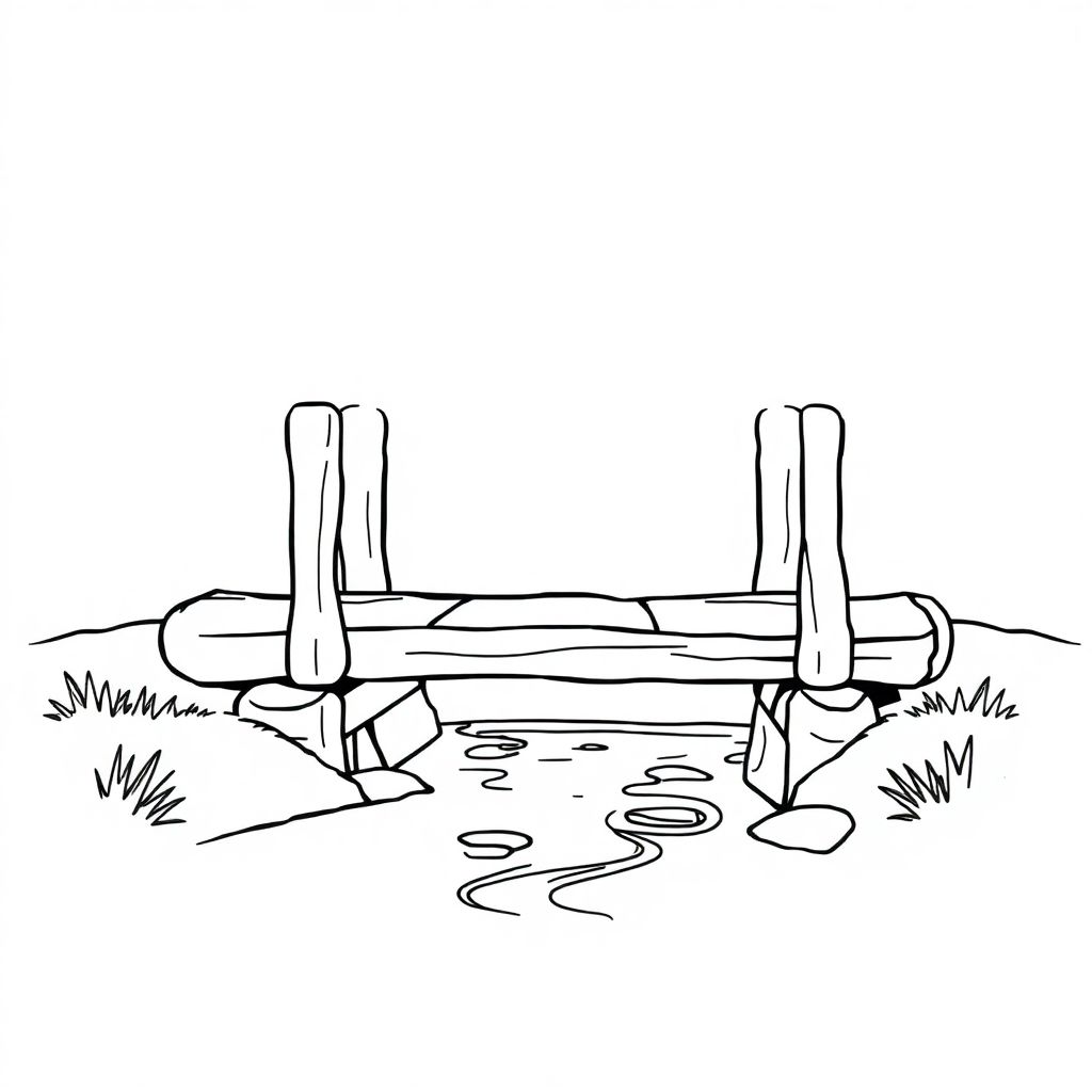 simple wooden bridge, log style, across small stream, flat surface, line art, simple construction