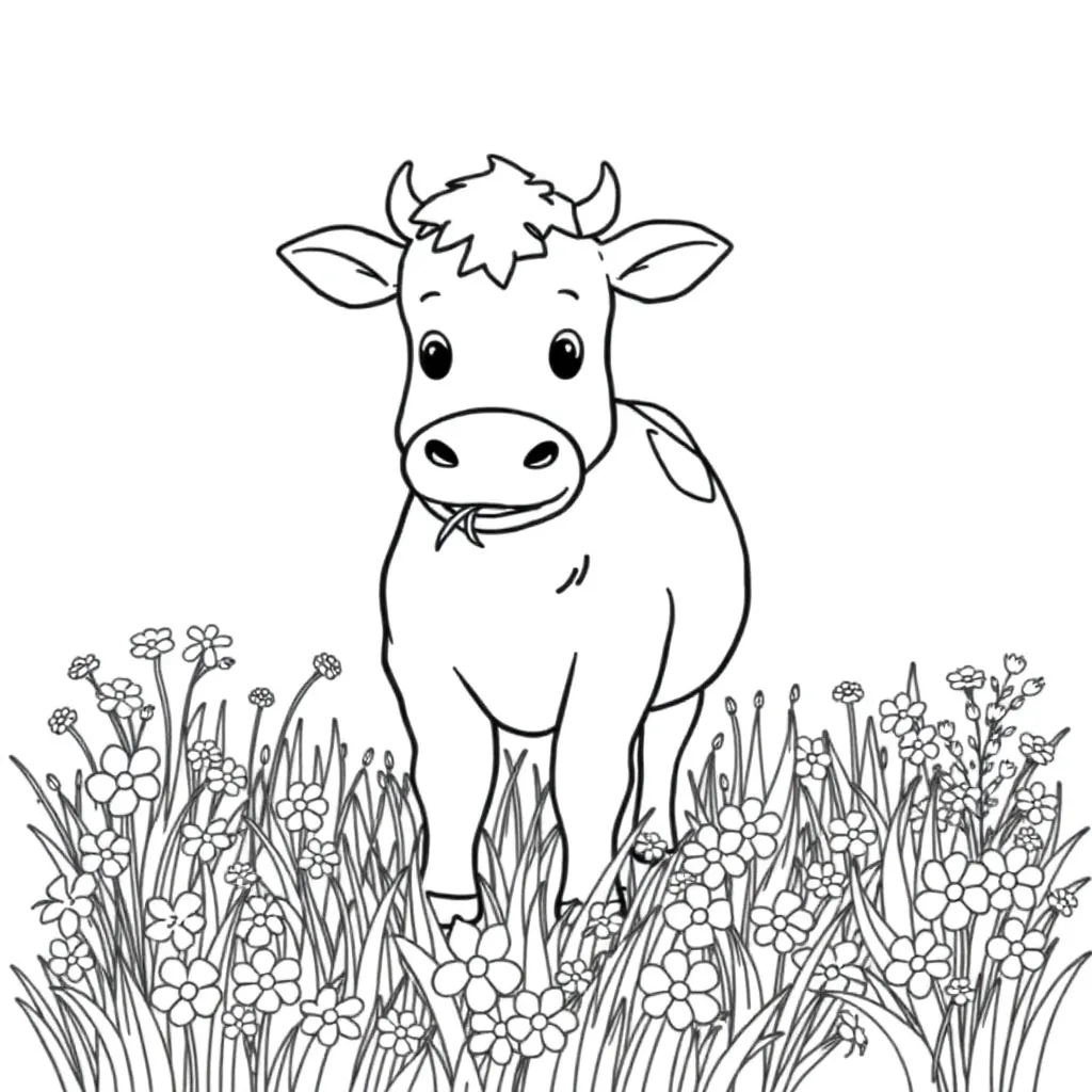 A cute cow standing in a meadow filled with flowers, gently chewing grass and occasionally swishing