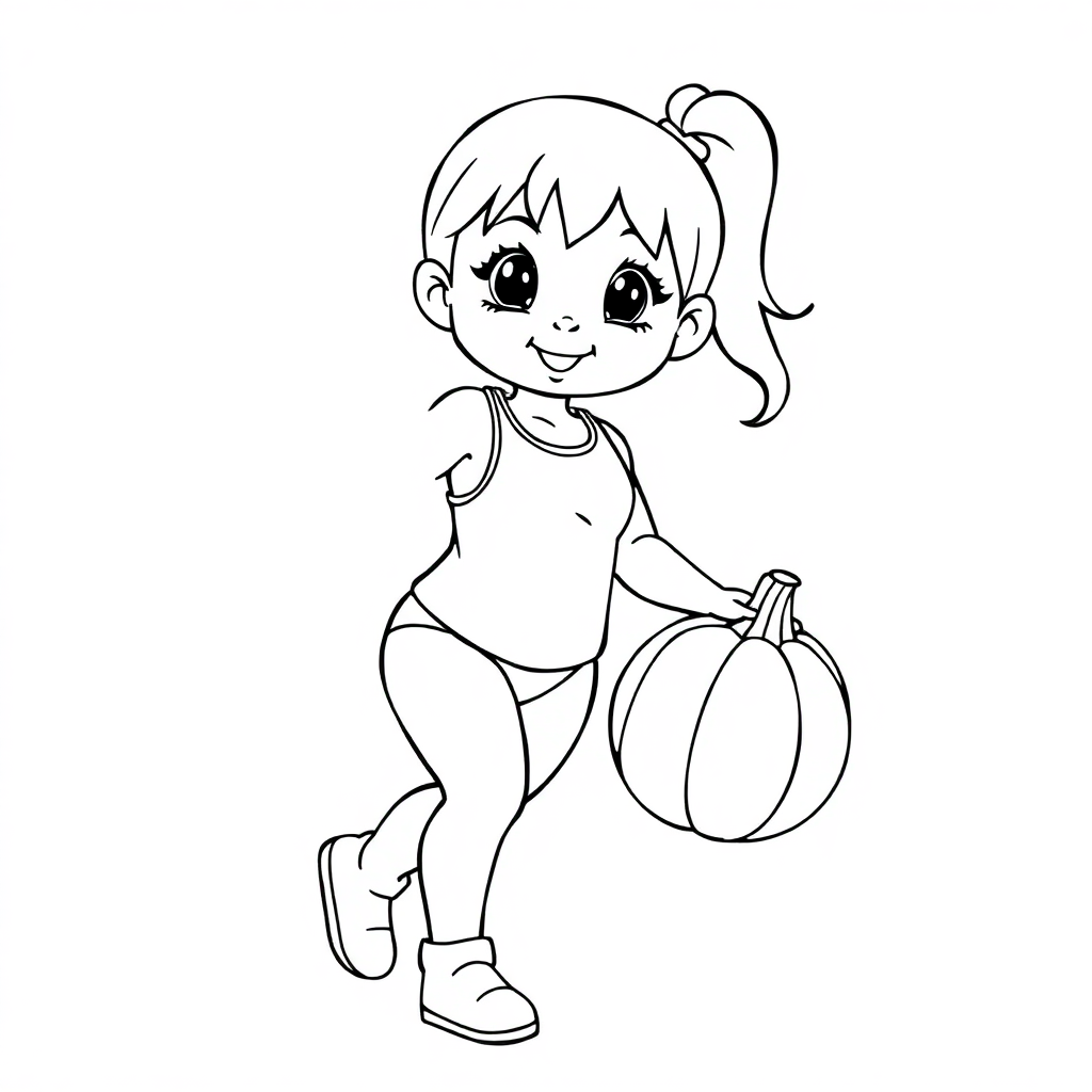 A small girl wears swimsuit basketball.