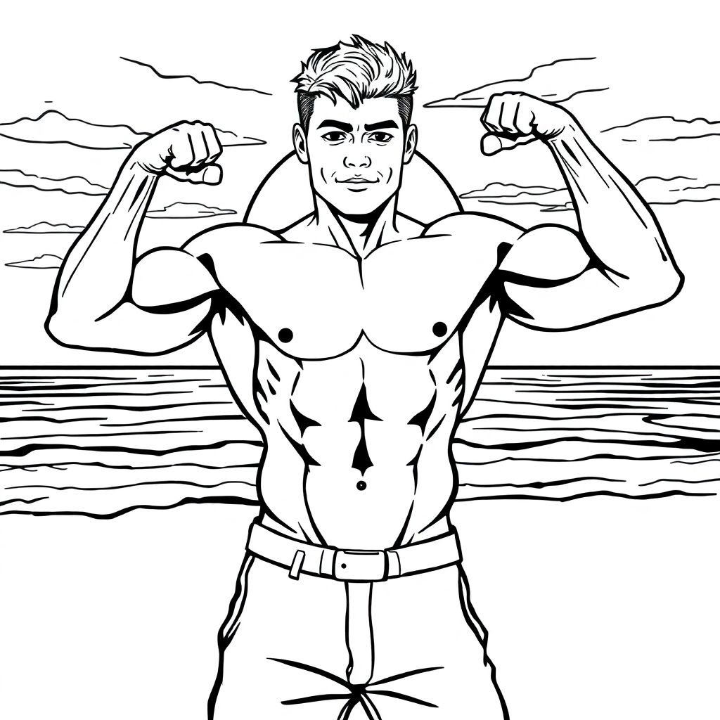 Blond male bodybuilder in his twenties flexes on a beach, ocean and sunset in the background.